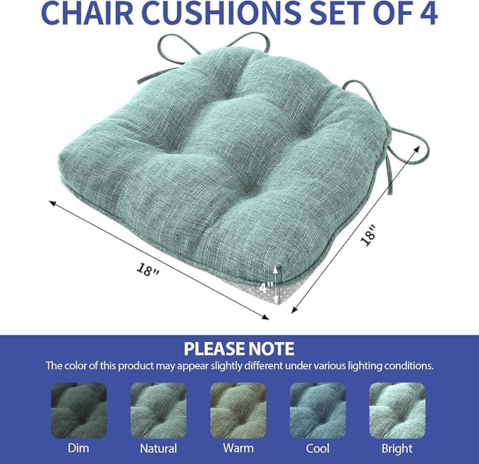IPYNBAP Chair Cushions for Dining Chairs Set of 4, Kitchen Chair Cushions, Chair Pads with Ties Non Slip Backing, Christmas Room Decor, Tufted Memory Foam Seat Cushion 4 Pack, 18"x18"x4", Sage Green