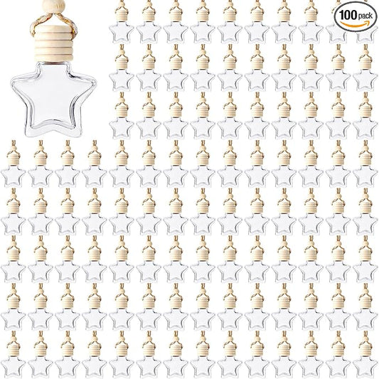 BBTO 100 Pcs Car Air Fresheners Diffuser with Wooden Cap Empty Aromatherapy Diffuser Clear Car Fragrance Holder Pendant Hanging Perfume Fresheners Bottles for Decor(Star,Clear)