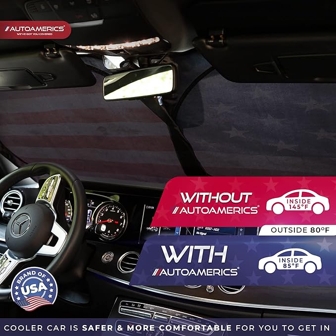 Autoamerics Truck Windshield Sun Shade with Storage Pouch & Anti-Slip Dash Pad - Foldable Grunge USA Flag-2 Design Cover - Fits Most SUVs & Trucks -Reflective 230T Material | X-Large (66 x 36 inches)