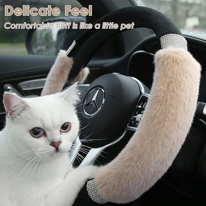 Achiou Steering Wheel Cover, Fluffy, Universal Rhinestone, Comfortable, Non-Slip Luxurious Faux Wool,Bedazzled Car Accessories for Women, Fits for 14.5 to 15 Inch