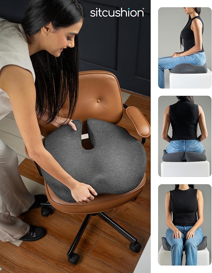 SitCushion Ergonomic Seat Cushion for Sciatica & Tailbone Pain Relief – Extra Large Memory Foam Office Chair Cushion for Long Sitting, Orthopedic Coccyx Cushion for Desk Chair, Car & Wheelchair(Black)