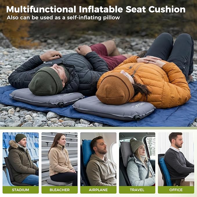 ATEPA Inflatable Seat Cushion, Compact Self-Inflating Seat Cushion for Stadium Airplane Air Travel Bleacher Camping, Blow Up Foam Seat Pad for Outdoor Sports Events Backpacking Hiking Sitting