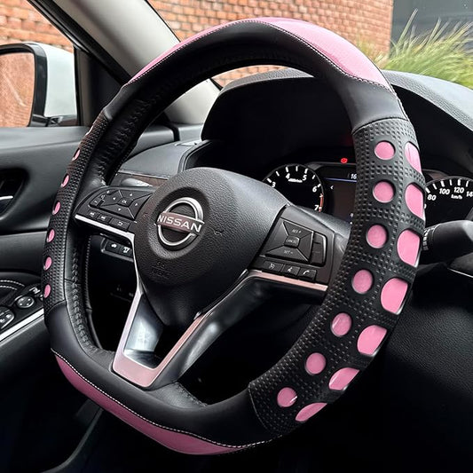 PINCTROT D Shaped Race Grip Steering Wheel Cover, Anti Slip Silicone Perforated Design with Soft Touch Padding, Enhanced Grip for Sporty Driving Flat Bottom 14.5-15 Inch (Racing Pink)