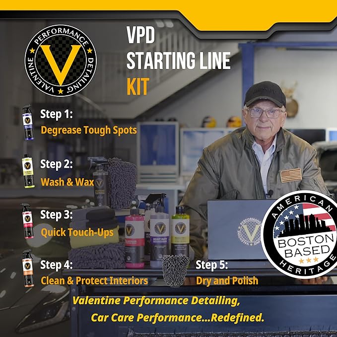 VPD Starting Line Kit - Complete Auto Care Set with Heavy Duty Degreaser, Wash & Wax, Quick Detailer, Interior & Exterior Cleaner, Rubber Vinyl Plastic Reviver, Microfiber Towels, Applicators & Mitts