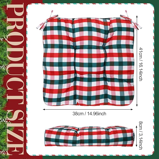 Geetery 4 Pack Christmas Chair Cushions for Dining Chairs, 16" x 15" Red and Green Kitchen Chair Cushions with Ties Buffalo Plaid Soft Comfy Seat Pads for Home Office Living Room Outdoor Indoor