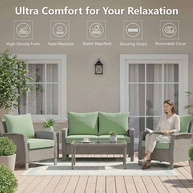 22x22 Inch Patio Chair Cushions Set of 4, Outdoor Furniture Cushions - Removable Cover, Water-Repellent, Fade-Resistant, Non-Slip Bottom & Straps, Replacement for Lawn, Porch & Deck Chair - Sage Green