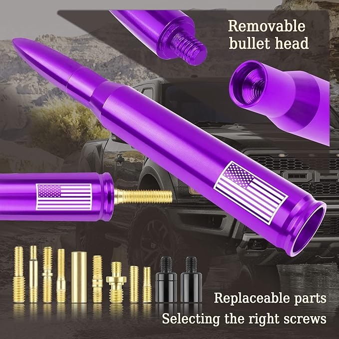 Car Bullet Antenna,Truck Exterior Decoration Accessories Car Vehicle Replacement Antenna Conpatible with Ford F150 RAM 1500 GMC Heavy Duty Pickup Trucks Accessories (New Upgrade Purple-U.S. Flag)…