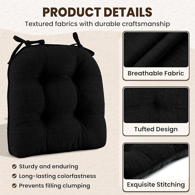 downluxe Indoor Chair Cushions for Dining Chairs, Tufted Overstuffed Textured Kitchen Chair Pads with Ties and Non-Slip Backing, 15.5" x 15.5" x 4", Black, 6 Pack