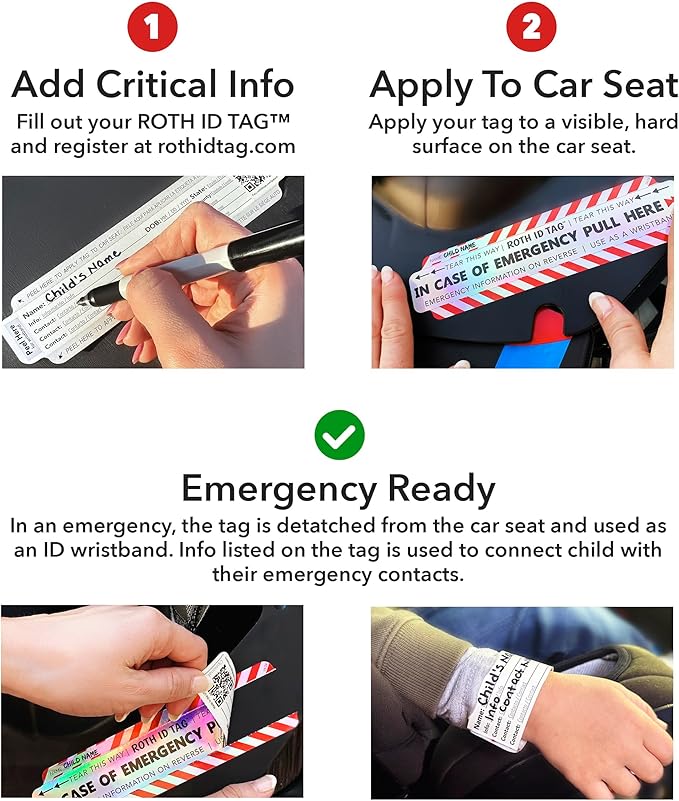 Emergency Contact Identification System for Car Seats, Booster Seats, Baby Gear | Family ROTH ID TAG Kit (6 Tags)