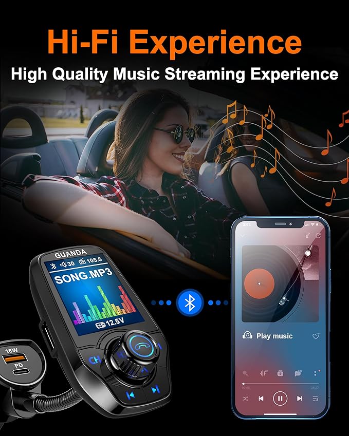 Upgraded Bluetooth 5.3 FM Transmitter for Car, Wireless Radio Adapter Kit W 1.8" Color Display Hands-Free Call AUX in/Out SD/TF Card USB Charger PD 20W for All Smartphones Audio Players - Black