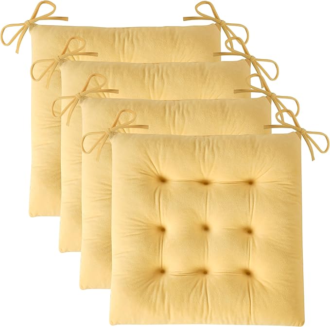 OVOV 4 Pack Chair Cushions for Dining Chairs Soft Seat Cushions for Kitchen Desk Chairs Square Chair Pads with Ties (15.5"x15.5" Pastel Yellow)