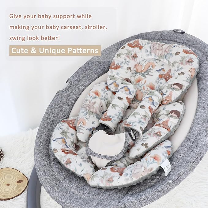 Infant Car Seat Insert Cushion, Super Soft Baby Car Seat Head Support & 2 Straps Pads, Reversible Preemie Newborn Carseat Insert, Fit Car Seat, Stroller, Infant Bouncer, Gray Animals