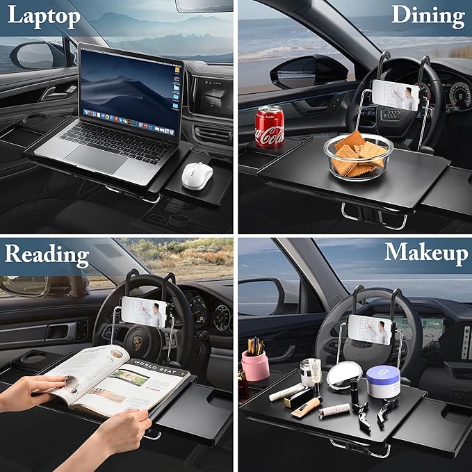 2-in-1 Car Steering Wheel Tray & Back Seat Table with Phone Holder – Height Adjustable Steering Wheel Desk for Car, Laptop & Food Tray, Writing Desk – Fits Cars, SUVs and Truck, 18"