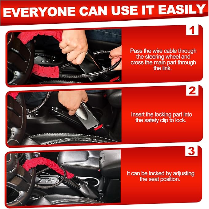 KAYCENTOP Car Steering Wheel Lock, Seat Belt Lock, Car Locks Anti-Theft Device with Aluminum Alloy Lock Housing, Max 17 Inch Length, High Visibility and Light-Weight, Universal Fit, 3Keys(Red)