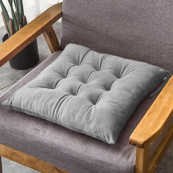 2 Pack Square Seat Cushion Chair Pads for Kitchen Dining Chairs, Soft Comfort Velvet Chair Mat Pillow Cushions with Ties for Office Desk Living Room Tatami 15.5", Gray