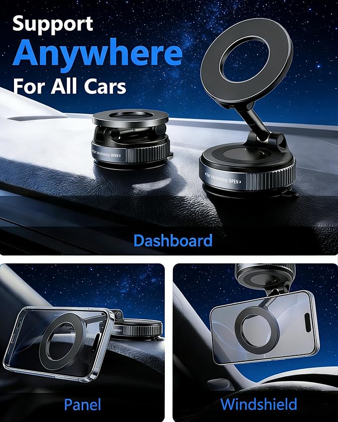 Vacuum Magnetic Car Phone Holder, 2800gf Strong Magnet 360° Rotatable Suction Cup Mount for Dashboard Windshield Rearview Mirror, Universal MagSafe Car Mount for iPhone Android, Black