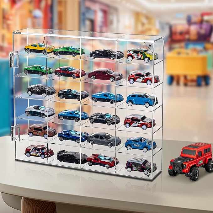 2 Pack Acrylic Display Case for Hot Wheels Storage 1/64 Scale, 6 Levels 24 Slots Toy Cars Showcase Wall Mount or Desktop, Clear Display Organizer for Diecast Matchbox Model Car Tabletop
