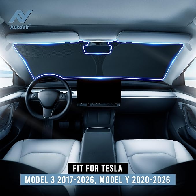 Windshield Sun Shade for Tesla Model 3 and Y - Size (56" x 36"), Premium 280T Reflective Sunshade, Heat Shield, UV Protection Foldable Front Window Sunshade with Storage Pouch, Tesla Car Accessories