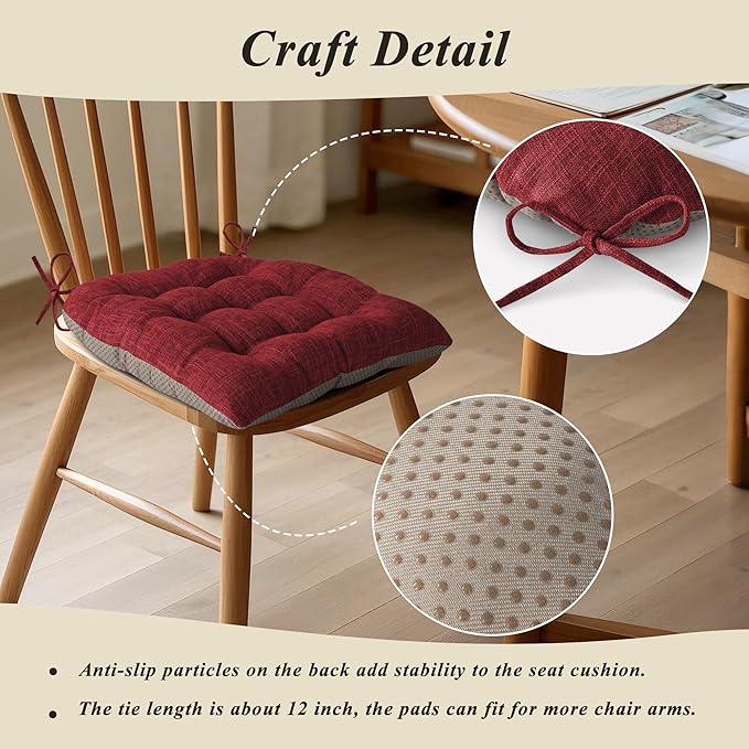 Chair Cushions for Dining Chairs Set of 4 Durable D-Shaped Seat Cushions with Non-Slip Backing Secure Ties Thick Cozy Seat Pad for Kitchen Dining Room Office(18x16.5x3in Burgundy)
