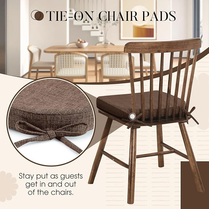 Basic Beyond Chair Cushions for Dining Chairs 6 Pack, Kitchen Chair Cushions with Ties and Non Slip Backing, 16 x 16 inches Chair Pads for Dining Chairs (Brown)