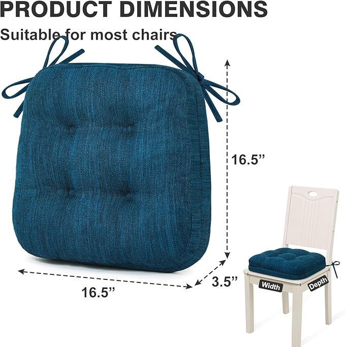 Shinnwa Dining Chair Cushions Set of 2, Dual-Layer Memory Foam Kitchen Chair Cushions, Patented Design Seat Pads with Ties, 16.5 x 16.5 x 3.5in, 2 Pack, Navy Blue