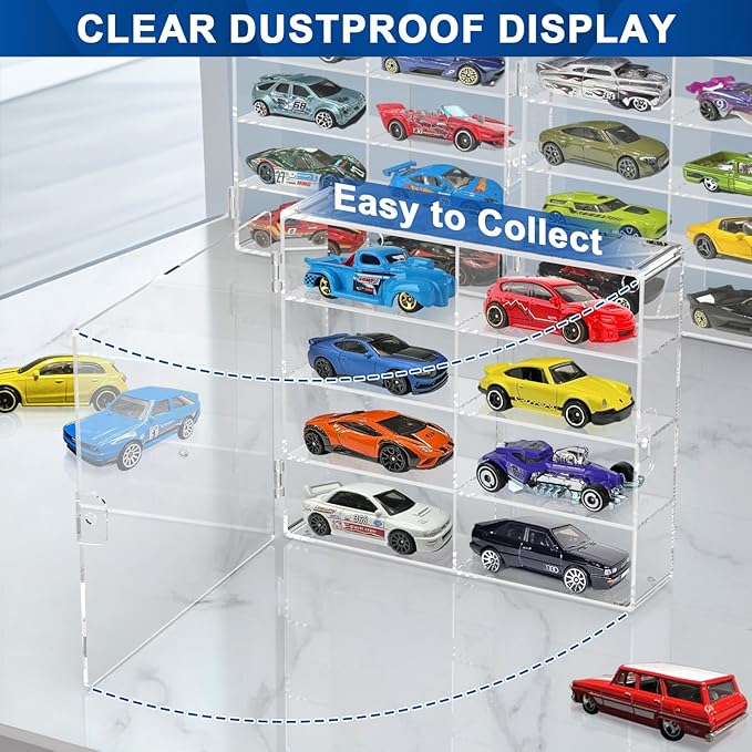 1/64 Scale Toy Cars Display Case for Matchbox Hot Wheels Hold 32 Toy Cars Storage Case Organizer Box Wall Display Clear Model Car Case Holder Container Shelf 6.5 X 7.5 X 1.6 Inch 4 Pack