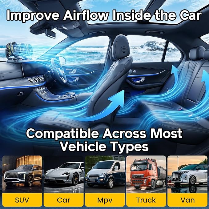 Portable 3-Head Car Cooling Fan, Fans for Vehicles Cars Trucks Dashboard (Cigarette Lighter Plug, No Battery)