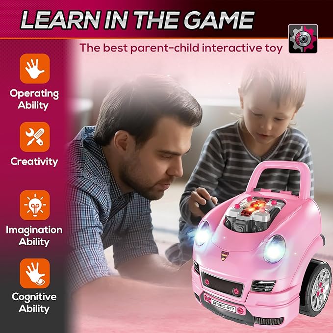 Qaba Truck Engine Toy, Kids Mechanic Set with Lights, Sounds, Steering Wheel and Horn, Pretend Car Service Station Play with 61-Piece Included for Kids Aged 3+, Pink