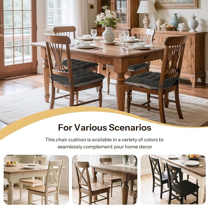 Non Slip Chair Cushions for Dining Chairs Set of 4 Kitchen Chair Cushions 18"x18"x3" Turfted Chair Pads Comfortable and Soft Seat Cushion with Ties, Dark Grey
