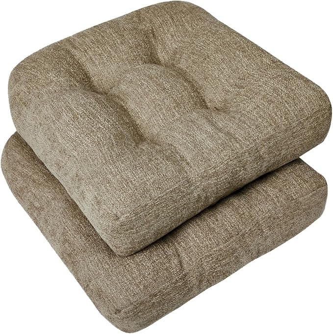 downluxe Chair Cushions for Dining Chairs 2 Pack, Tufted Indoor Chair Pads with Non-Slip Bottom, U-Shaped Kitchen Chair Cushions, 18"x18"x4", Khaki