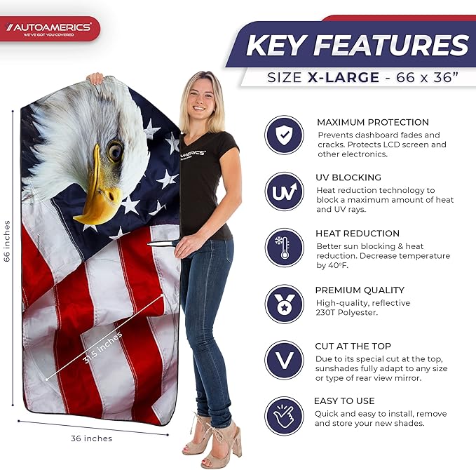 Autoamerics Truck Windshield Sun Shade with Storage Pouch & Anti-Slip Dash Pad - Foldable American Eagle Flag-3 Design - Fits Most SUVs & Trucks - Blocks UV Rays, Keeps Car Cool | X-Large (66 x 36 in)