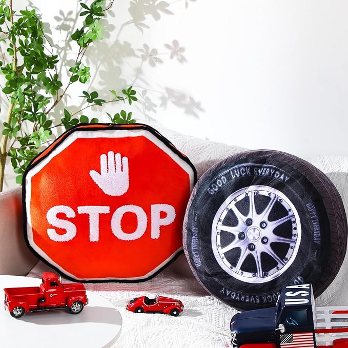 Woanger 2 Pcs Race Car Room Decor Racing Plush Throw Pillow Set Gift 15.7 Inch Soft 3D Simulation Wheel Pillow Funny Tire Cone Traffic Light and Stop for Valentines Bedroom Decorations(Stop Sign)