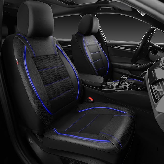 CAR PASS Universal FIT Piping Leather Two Front Seat Covers, Waterproof Faux Leather for SUV Sedan Van Truck, Airbag Compatible,Reserved Opening Holes for Headrest Covers. (Black and Blue)
