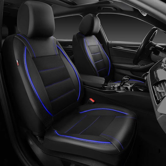 CAR PASS Universal FIT Piping Leather Two Front Seat Covers, Waterproof Faux Leather for SUV Sedan Van Truck, Airbag Compatible,Reserved Opening Holes for Headrest Covers. (Black and Blue)