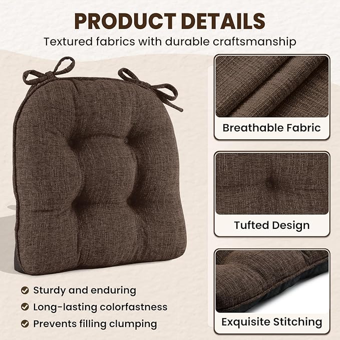downluxe Indoor Chair Cushions for Dining Chairs, Tufted Overstuffed Textured Kitchen Chair Pads with Ties and Non-Slip Backing, 16.5" x 16.5" x 4", Brown, 4 Pack