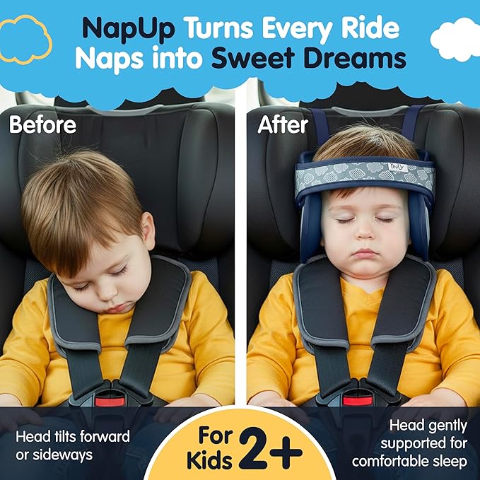 NapUp Adjustable Head Support for Car Seat – Patented & Crash-Tested Anti-Bobbing Head Holder Strap, Comfortable Sleep Solution - Breathable Fabric, Kids Travel Accessories - Ages 2+ - Dark Blue
