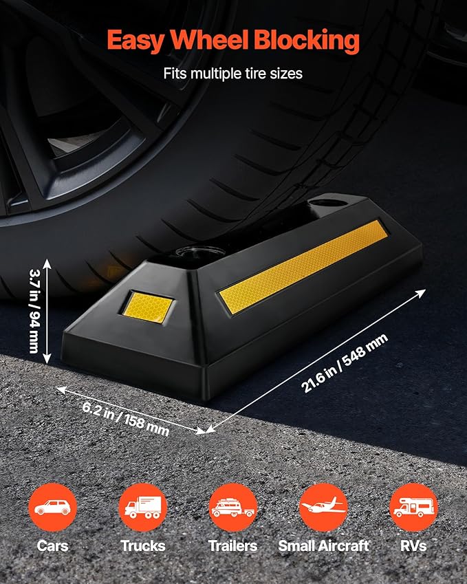 VEVOR Parking Stopper, 21.6 Inch 2 Pcs Heavy Duty Parking Aid for Garage, Rubber Curb Garage Floor Stopper with Reflective Strips, Aid Gadgets for Cars Vans Trucks Tire Wheel Guide Block Stops Bumpers
