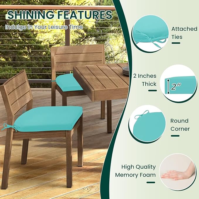 HARBOREST Outdoor Chair Cushions Set of 6, Water Resistant Patio Chair Cushions with Ties, Outdoor Seat Cushions for Patio Furniture, 17"x16"x2", Teal