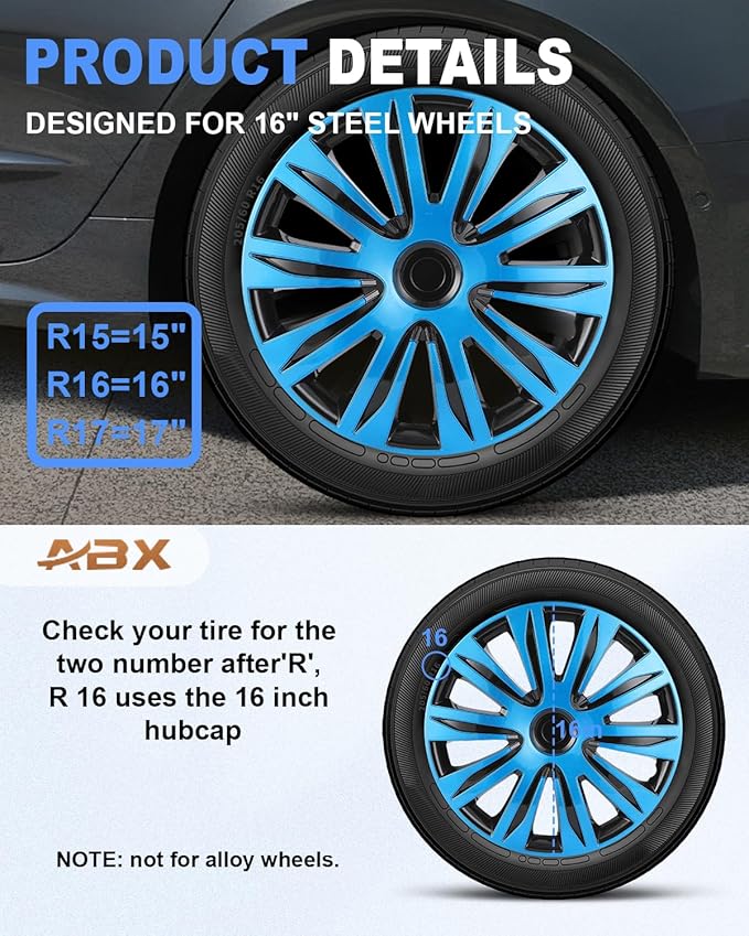 ABX Hubcap Wheel Covers Hub Caps 16 Inch Set of 4 Black & Blue Universal Wheel Rim Cover R16 Stylish Car Decor Wheel Covers