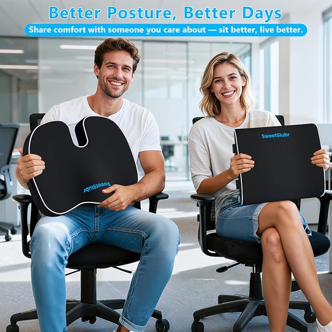 SweetSlubr Ergonomic Memory Foam Seat Cushion & Lumbar Support Pillow Set, Orthopedic Coccyx Cushion for Office Chair, Car, Home – Relieves Back, Sciatica & Tailbone Pain, Improves Posture Black/Large