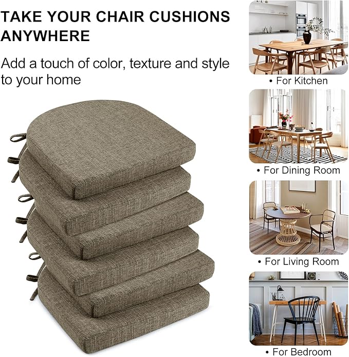 Wellsin Chair Cushions for Dining Chairs 6 Pack - Kitchen Chair Cushions with Ties and Non-Slip Backing - Dining Chair Pads 16"X16"X2", Khaki