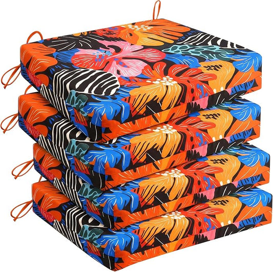 UNIKOME Outdoor Chair Cushions Pack of 4, Water Resistant Patio Cushions with Ties, High Density Sponge Filling Square Corner Seat Cushions for Outdoor Furniture, 19"*19"*3", Colored Flower