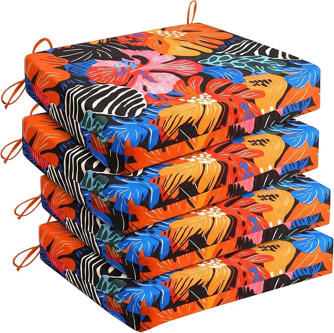 UNIKOME Outdoor Chair Cushions Pack of 4, Water Resistant Patio Cushions with Ties, High Density Sponge Filling Square Corner Seat Cushions for Outdoor Furniture, 24"*24"*4", Colored Flower