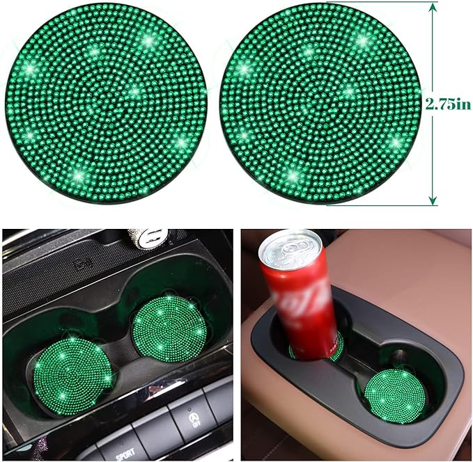 Steering Wheel Cover Set 15 inch,7 Pack Crystal Rhinestone Diamond Bling Green Car Accessories Set,Seat Belt Cushion, Gear Shifter Cover,Car Bling Ring, Cup Coaster,Green