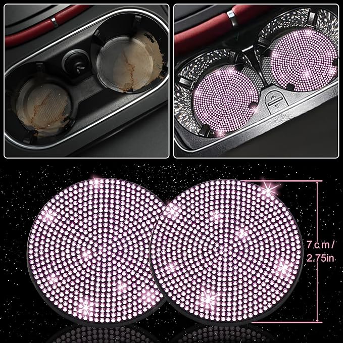 NBTEPEM 12 Pcs Bling Car Accessories Set for Women Car Floor Mats Full Set Steering Wheel Cover Seat Belt Covers Coasters Universal Fit Car SUV Truck Van Pink