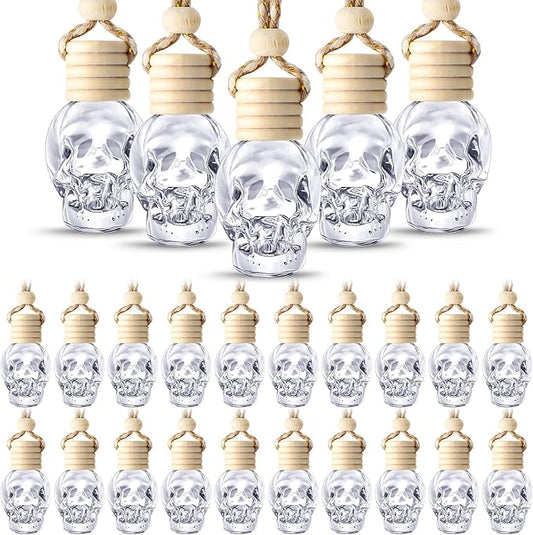 BBTO 50 Pcs Hanging Car Air Freshener Car Diffuser Bottles Empty Glass Perfume Bottle Freshener Diffuser Bottle Pendant for Essential Oil Fragrance Aromatherapy Bottle Ornament(Skull)