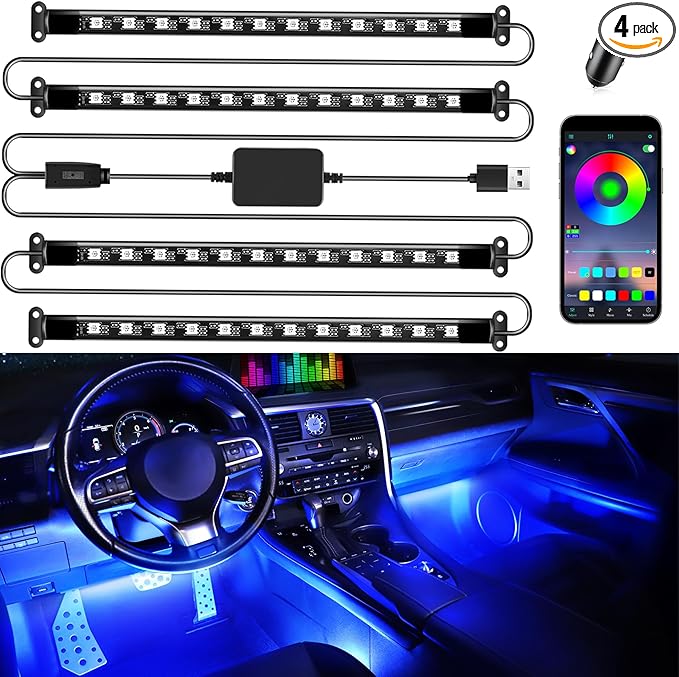 LivTee Smart Car Interior Lights, RGB LED Accent Lights with App Control, Music Mode, DIY Mode, 2-Line Design, Charger Included, Car Accessories for Women