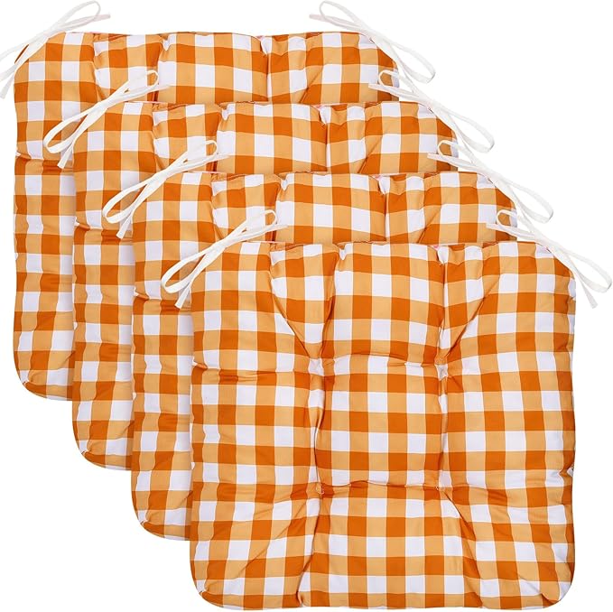 Geetery 4 Pack Chair Cushions for Dining Chairs, 16" x 15" Orange Kitchen Chair Cushions with Ties Buffalo Plaid Soft Comfy Seat Pads for Home Office Living Room Outdoor Indoor