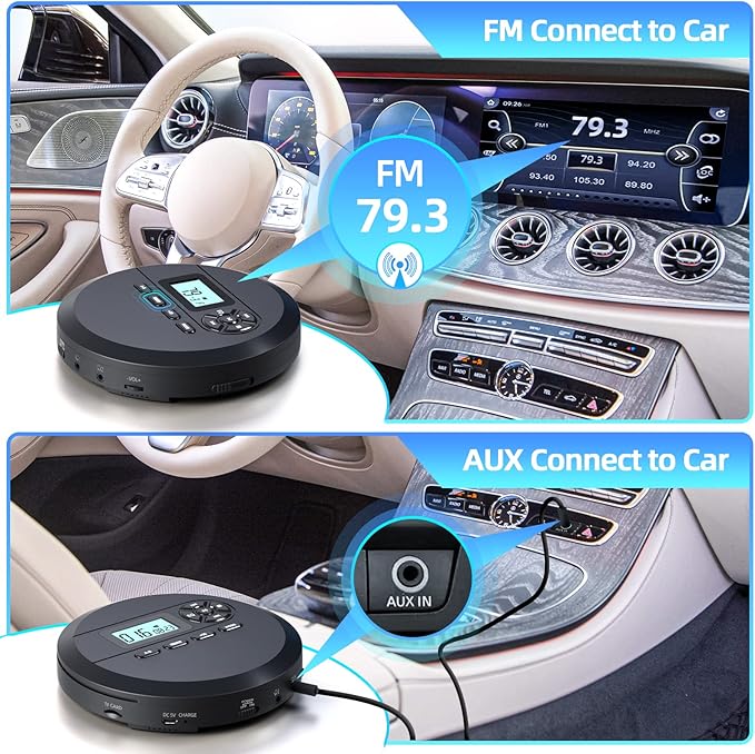 DESOBRY CD Player Portable with Speakers & FM Transmitter, Rechargeable Compact CD Player for Car Built-in 2000mAh Battery, LCD Screen, Earphones, AUX Cord