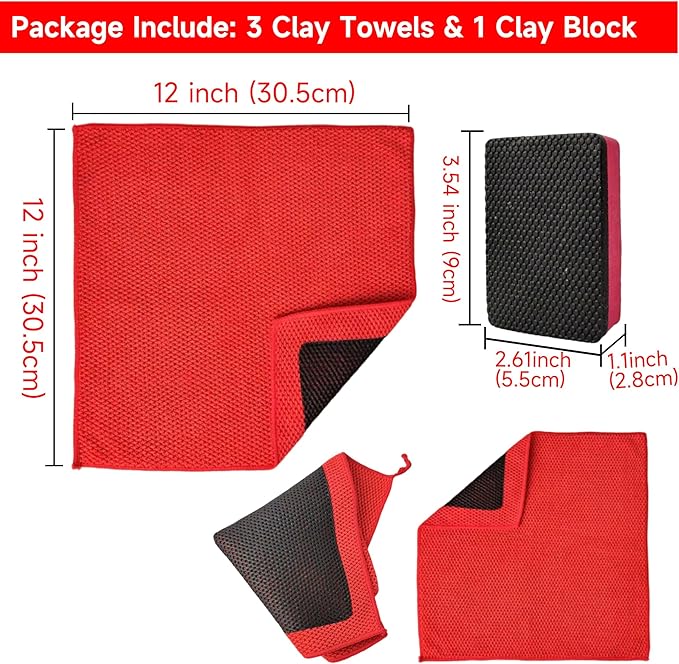 Upgrade Clay Towels and Pad Set 4PCS - Perforated Synthetic Decontamination Towel for Car Detailing, Cleaning & Release of Paint Contaminants, 3pcs Clay Bar Towels 12x12 Red, & 1pcs Red Pad